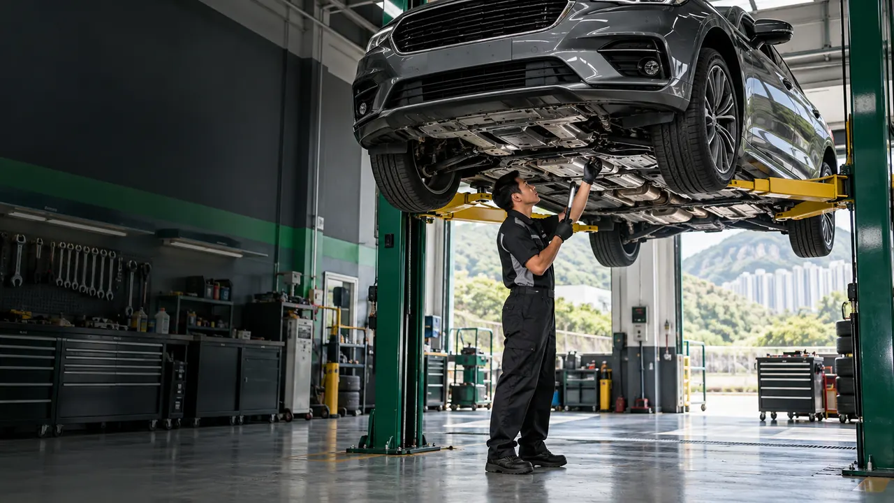 Illustrative car maintenance workshop